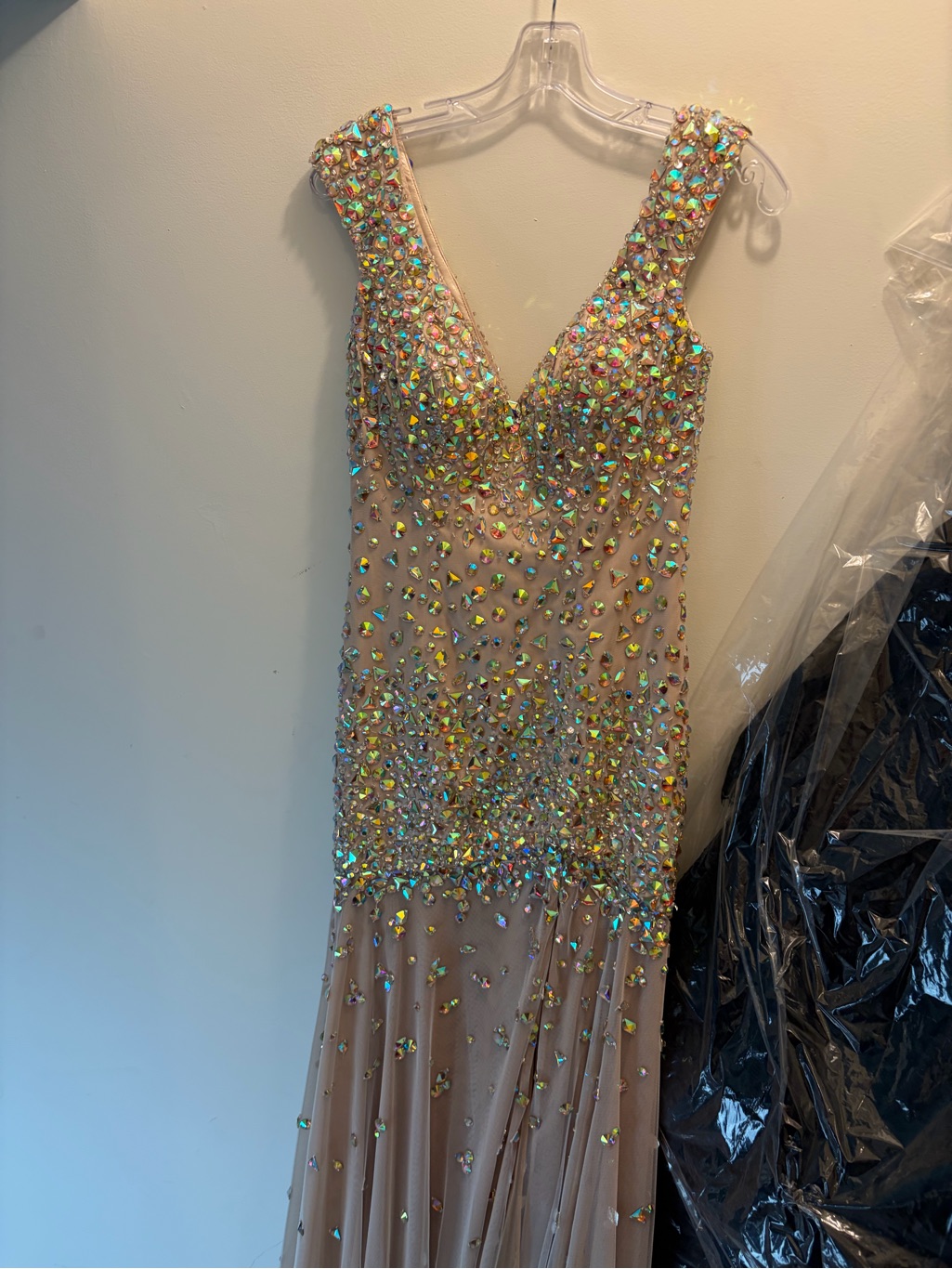 Ritzee Originals Embellished Nude Illusion V-Neck Evening Dress Prom Or Pageant